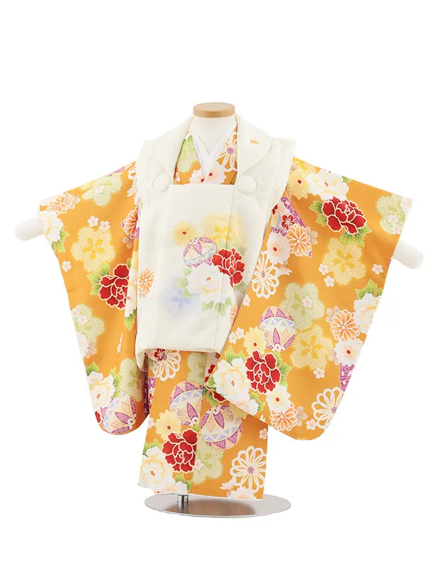 七五三レンタル(2歳女被布)4988 クリーム×山吹色 鞠と古典花