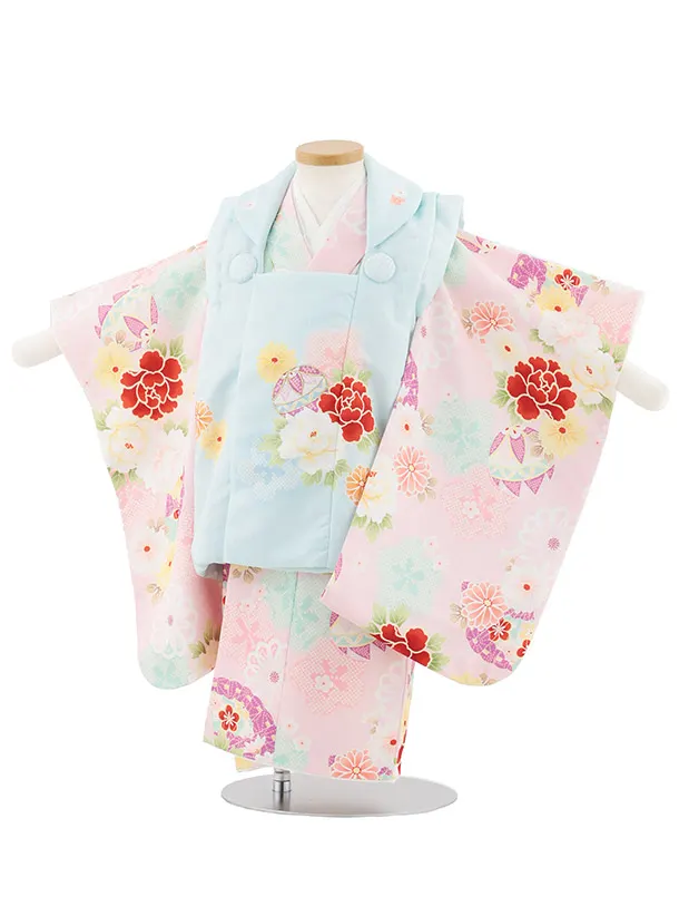 七五三レンタル(2歳女被布)4989 水色×薄ピンク 鞠と古典花