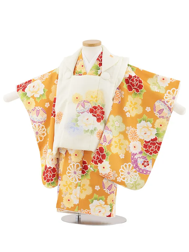 七五三レンタル(2歳女被布)4991 クリーム×山吹色 鞠と古典花