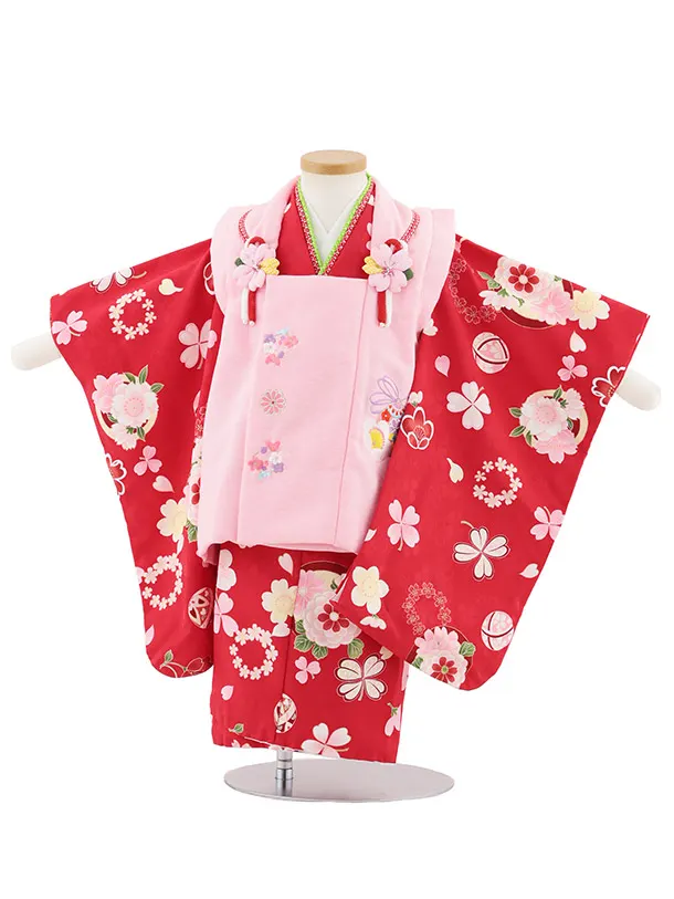 七五三レンタル(2歳女被布)4993 ピンク刺繍花×紅色 鞠花