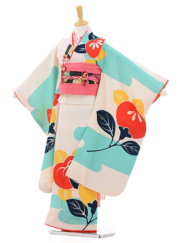 七五三レンタル(7歳女の子結び帯)7824白地波に鶴花 | 着物