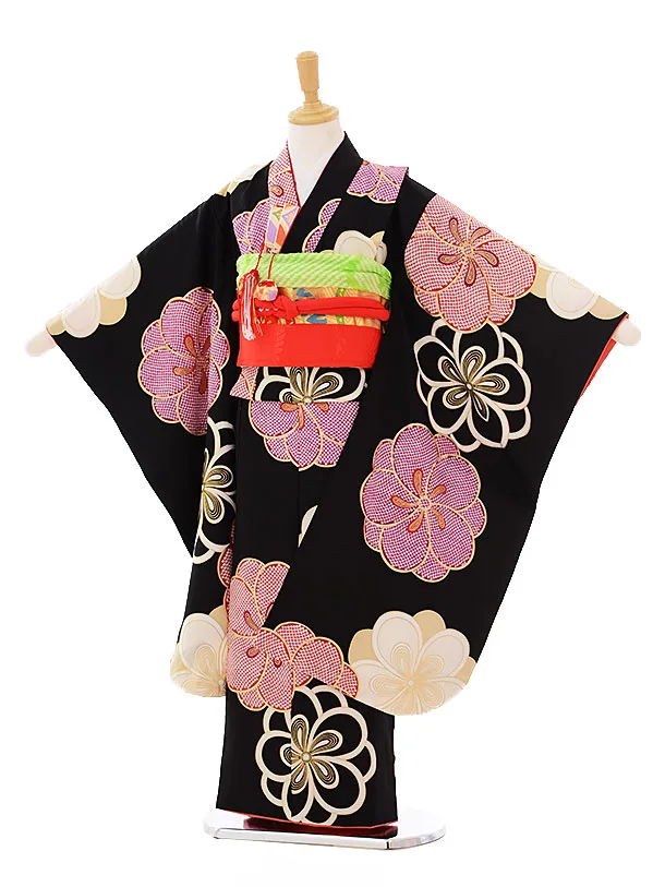 411ag17□七五三 七歳 女児 着物(未使用)&袋帯&長襦袢 毬 桜□美品 七五三 着物 7歳 四つ身 単品 女の子 着付けマニュアル付き