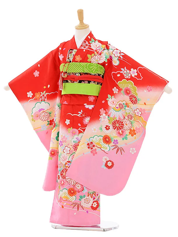 七五三　7歳女の子着物　桜　紅葉 七五三 着物 レンタル 7歳 女の子 【時赤鞠桜】 7歳 七五三 着物