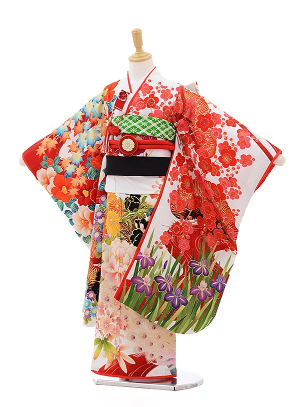 七五三　7歳女の子　 長着&帯　きもの 白×赤バラ　袋帯金地蝶桐 楽天市場】七五三レンタル(7歳女児結び帯) 7876 無地モダン 白地