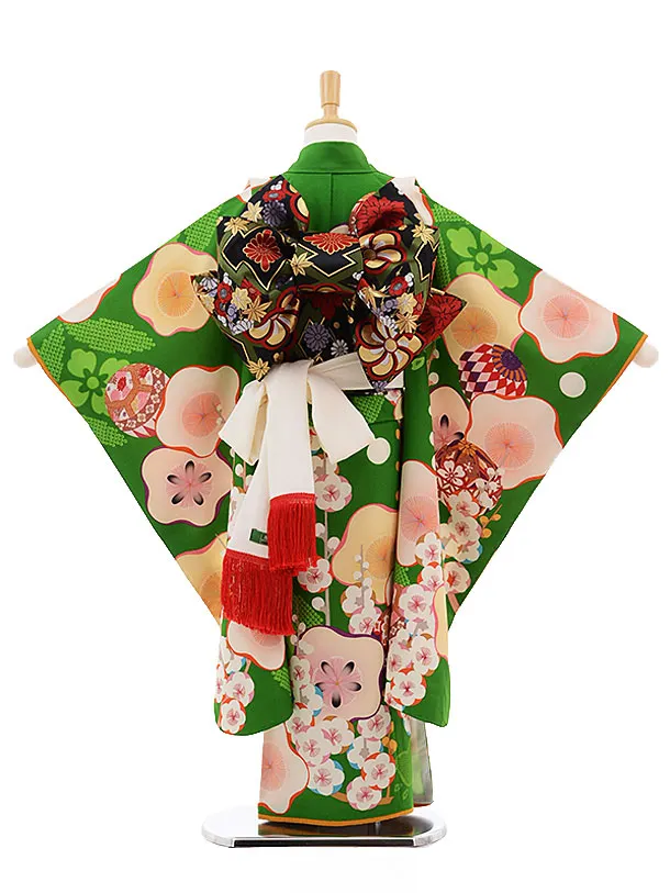 七五三レンタル(7歳女の子結び帯)7490 UNSODO 緑 梅 | 着物