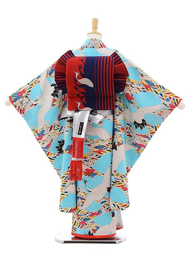 七五三レンタル(7歳女の子結び帯)7506 ﾓﾀﾞﾝｱﾝﾃﾅ 水色 鶴と波