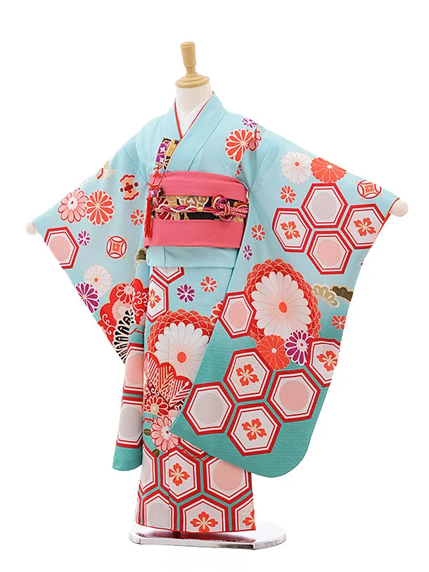 ピンク 花柄 七五三 七五三(7歳結び帯)Y516 水色 裾ピンク 辻が花調 | 着物レンタル