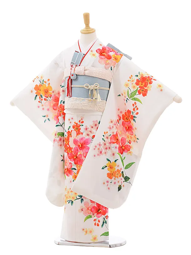 七五三 753 ７歳女の子 帯 丸帯　白地　シルバー　鶴　薄手　24時間発送 1AP7893000_1.webp