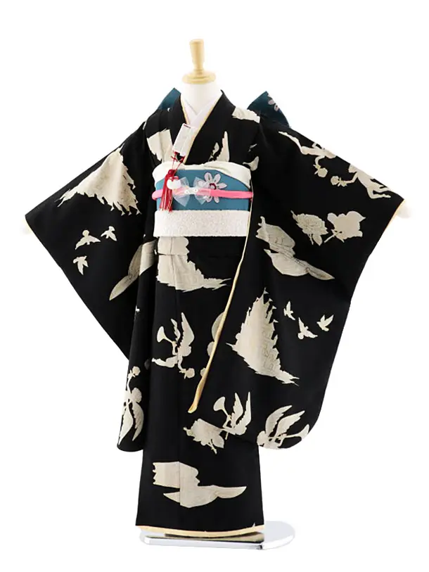 七五三レンタル(7歳女結び帯)Y119 黒グレー ダマスク柄に花