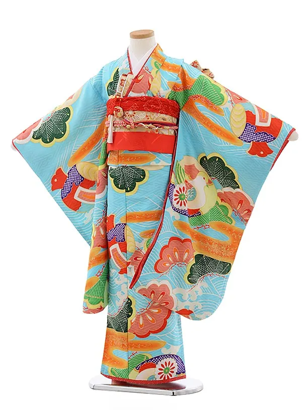 七五三　七歳　着物・結び帯フルセット (23) 七五三レンタル(7歳女児結び帯)7794ｼﾞｬﾊﾟﾝスタイル水色古典