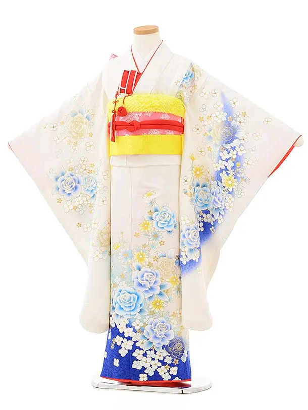 七五三(7歳女児結び帯)7883正絹 白×ブルーラメ 洋花 | 着物