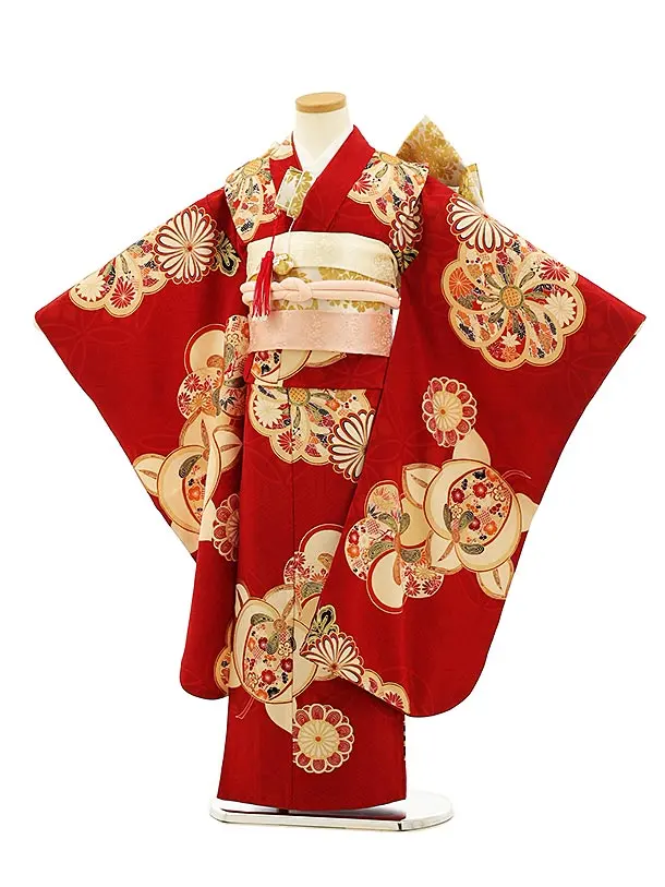 506ag60◎七五三 七歳 女児 着物&袋帯 金彩 菊菖蒲扇 桜色 柿色◎ 506ag60◎七五三 七歳 女児 着物&袋帯 金彩 菊菖蒲扇 桜色 柿色