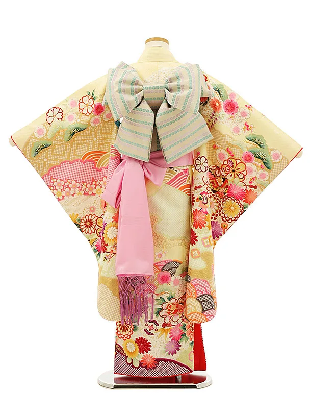 専用☆アンティーククリーム色の着物と帯のセット☆2歳から3歳 七五三レンタル(7歳女の子結び帯)7984 クリーム色 青海波