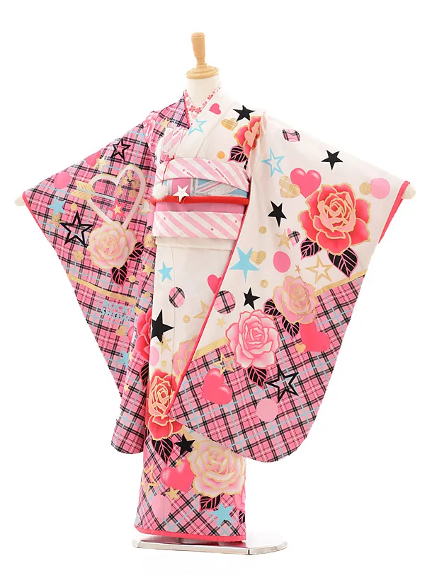 七五三レンタル(7女結び帯)D048 白×ﾋﾟﾝｸﾁｪｯｸﾊﾞﾗ | 着物レンタル