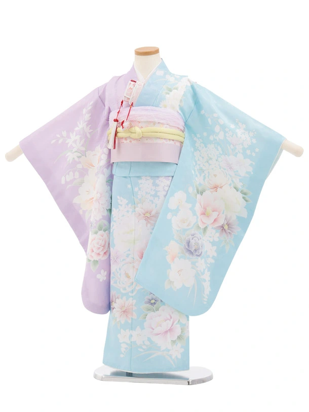 七五三(5歳女児)M009 水色 片身替り 四季花 | 着物レンタルの京都