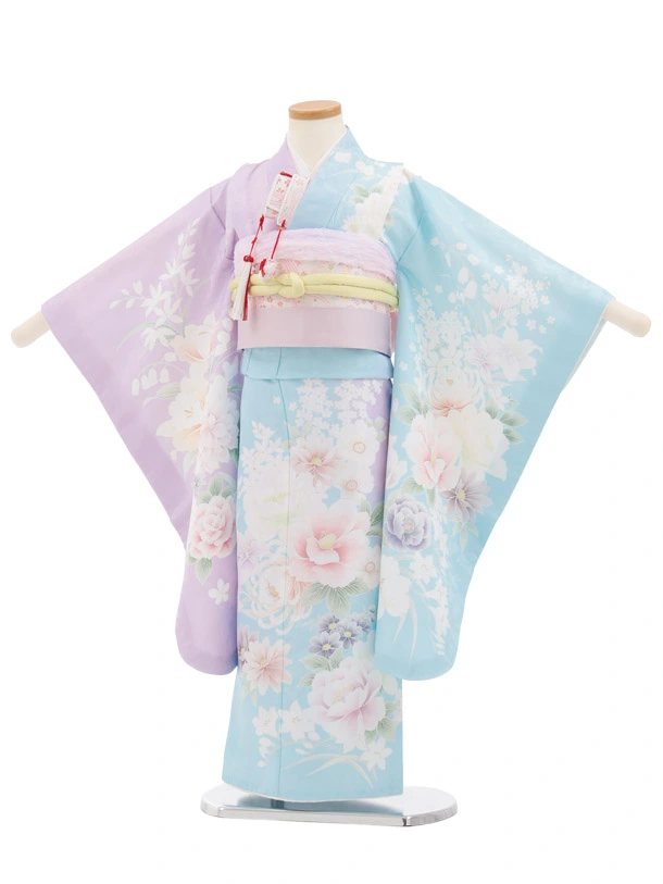 七五三(5歳女児)M009 水色 片身替り 四季花 | 着物レンタルの京都