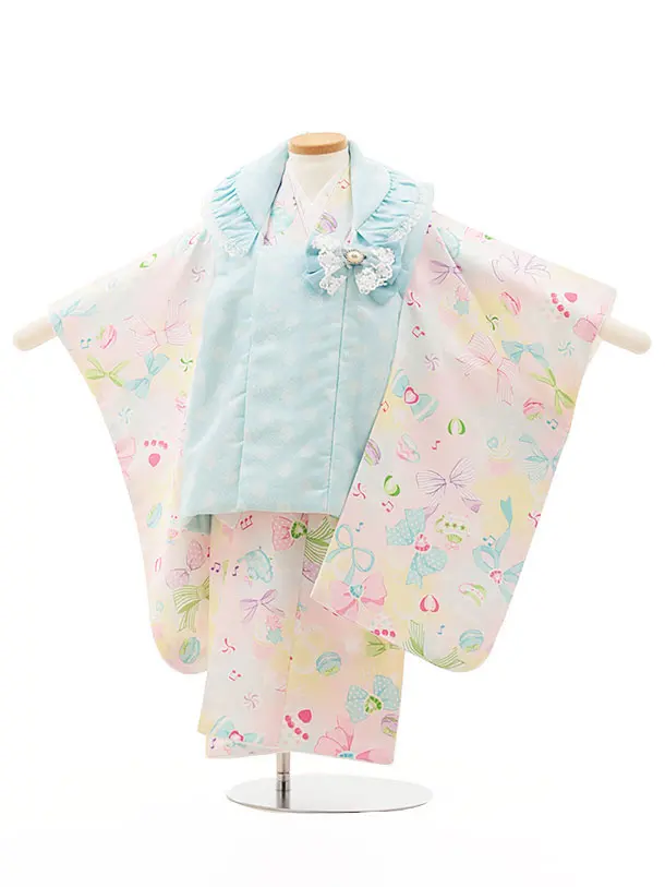 七五三(2歳女)O171【pitapita】水色レースドット×虹色リボン