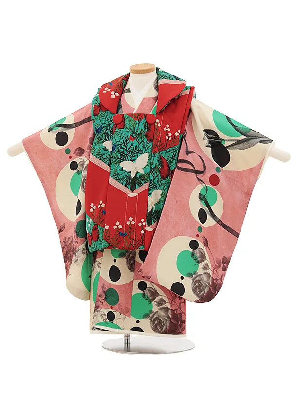 七五三レンタル(3歳女児被布)S066 赤刺繍 桜鞠×ピンク椿 | 着物