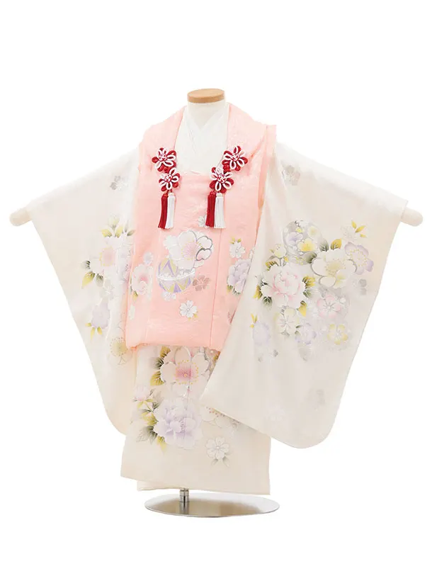 七五三レンタル(3歳女児被布)O208【正絹】ピンク×白 銀彩鞠に桜牡丹