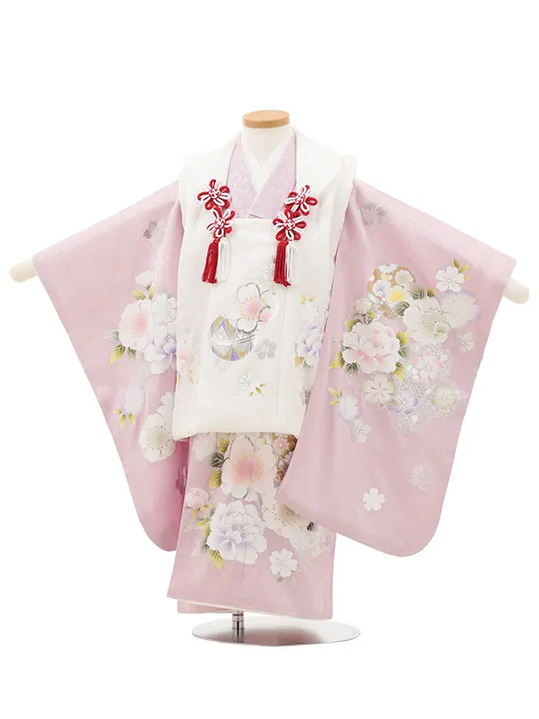 七五三レンタル(3歳女児被布)O211【正絹】白×ラベンダー 銀彩鞠に桜牡丹