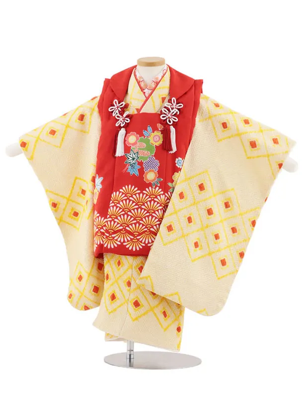 七五三レンタル(3歳女児被布)S004【正絹】赤地紅型×ベージュ絞り柄
