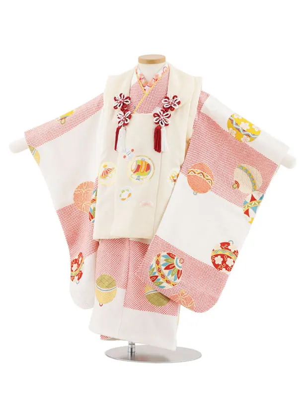 七五三レンタル(3歳女児被布)S006【正絹】ベージュ丸紋×白地鈴