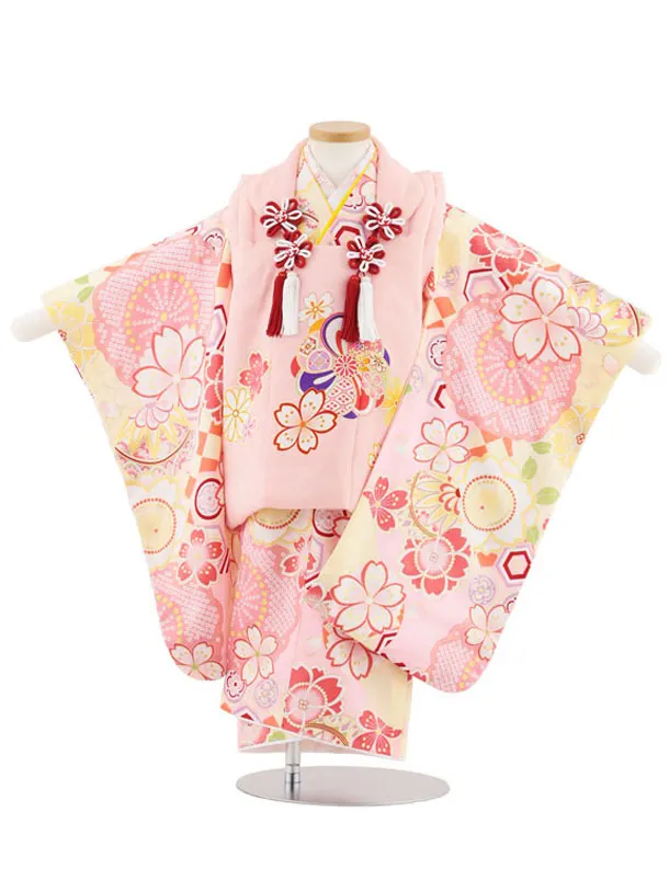 七五三(3歳女児被布)S014【正絹】ピンクねじり梅×クリームイエロー桜鞠