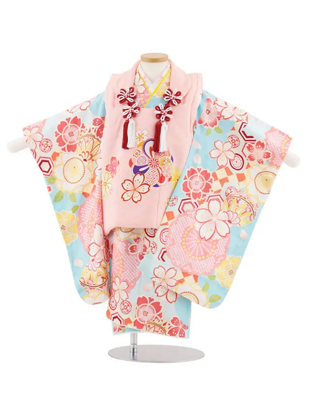 七五三レンタル(3歳女児被布)S015【正絹】ピンクねじり梅×水色桜鞠