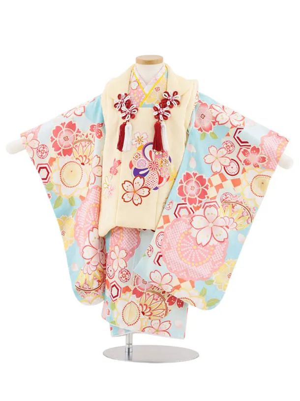 七五三レンタル(3歳女児被布)S017【正絹】クリームイエローねじり梅×水色桜鞠