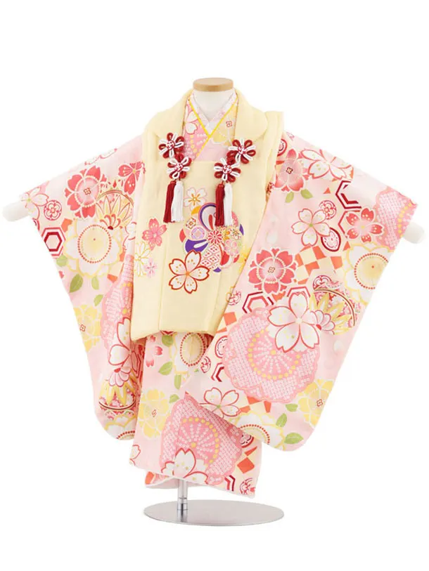 七五三(3歳女児被布)S019【正絹】クリームイエローねじり梅×ピンク桜鞠