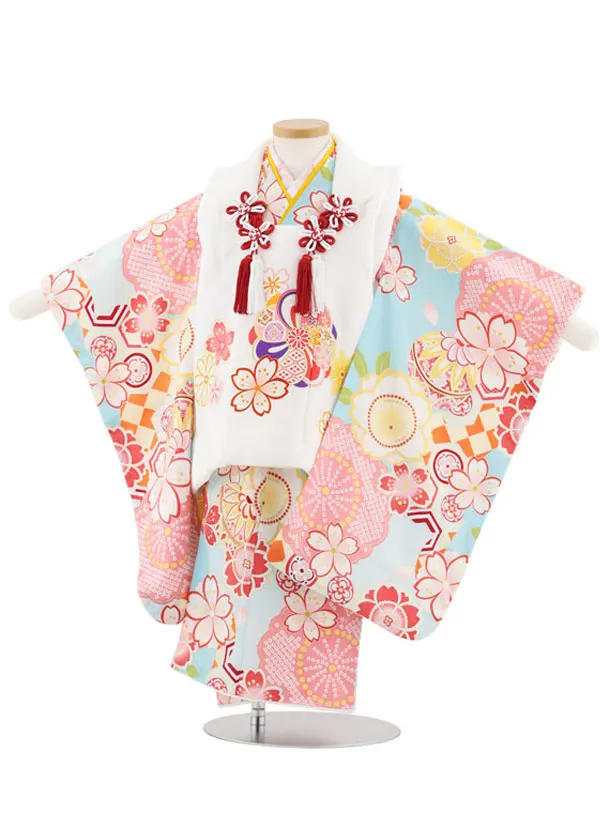 七五三レンタル(3歳女児被布)S020【正絹】白地ねじり梅×水色桜鞠