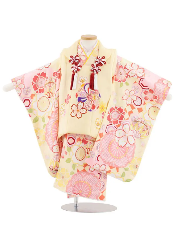 七五三レンタル(3歳女児被布)S021【正絹】クリームイエローねじり梅×桜鞠
