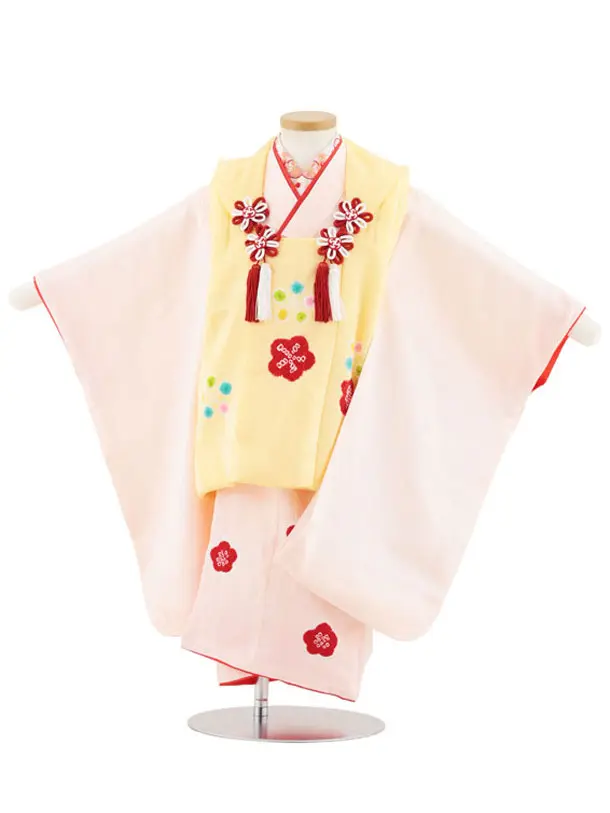 七五三レンタル(3歳女児被布)S022【正絹】クリームイエロー×ピンク梅