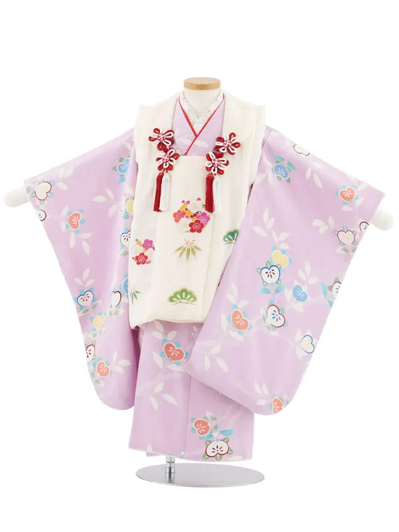 七五三レンタル(3歳女児被布)S029【正絹】アイボリー松竹梅×薄紫橘