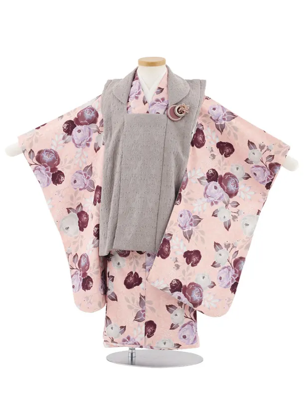 七五三レンタル(3歳女児被布)S034 グレー×ピンク洋花