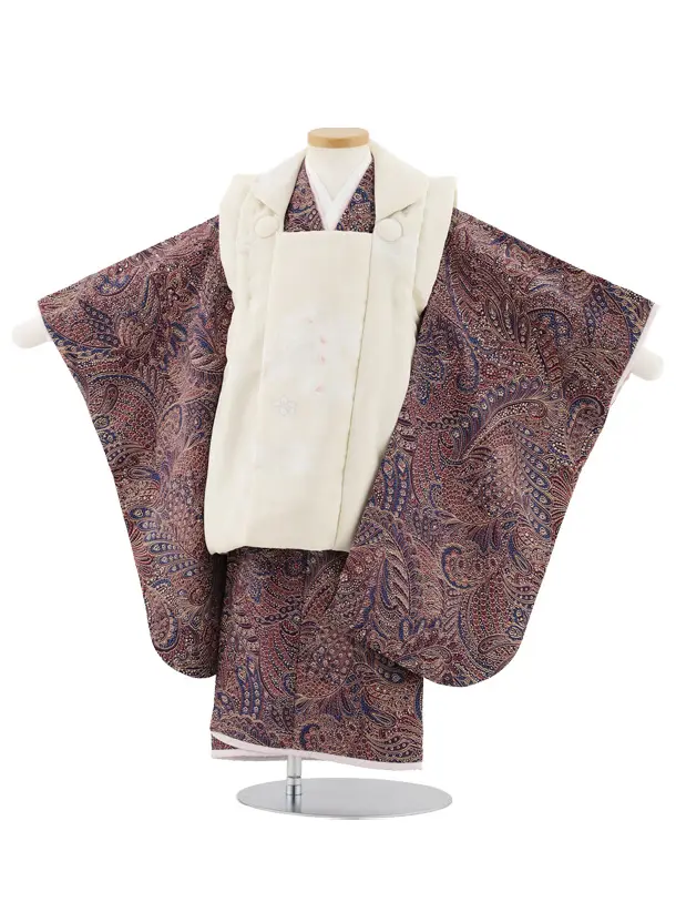 七五三レンタル(3歳女児被布)S035 ベージュ×赤紫 更紗模様