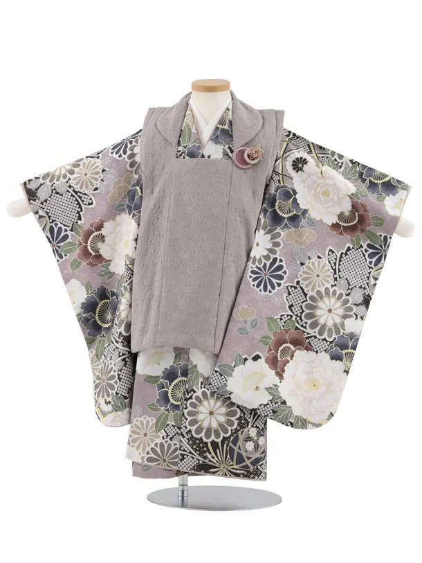 七五三レンタル(3歳女児被布)S036 グレー×パープル古典柄