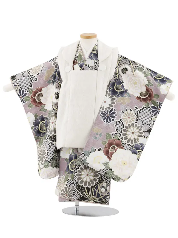七五三レンタル(3歳女児被布)S037 オフホワイト×パープル古典柄