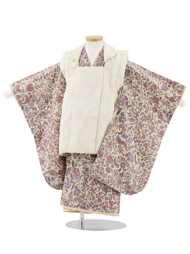 七五三レンタル(3歳女児被布)S038 ベージュ×更紗模様