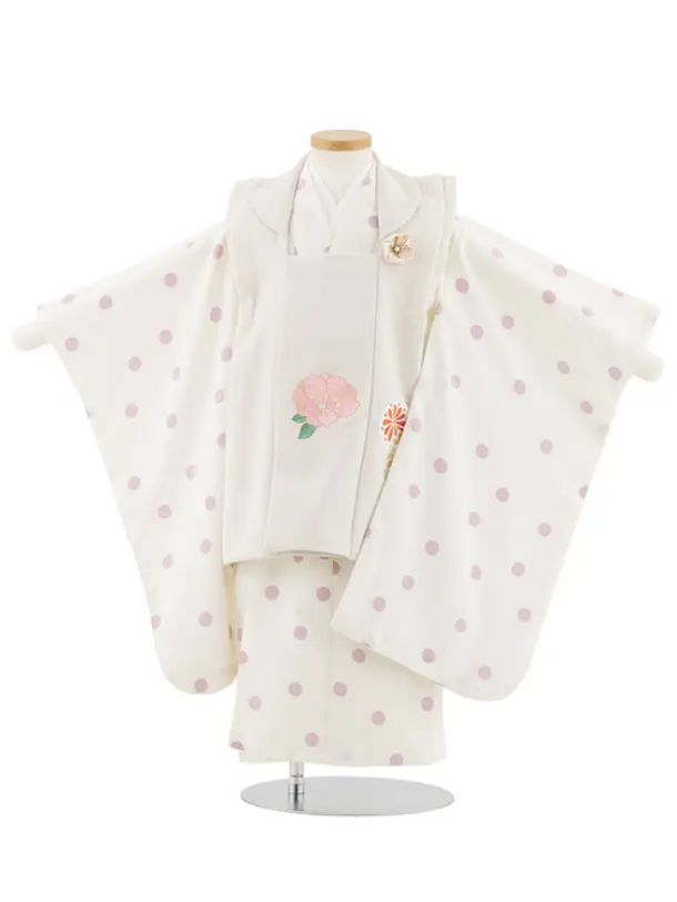 七五三レンタル(3歳女児被布)S039 ベージュ刺繍花×アイボリーパープルドット