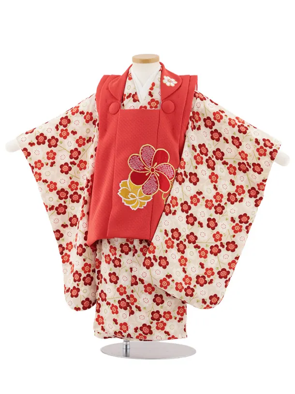 七五三レンタル(3歳女児被布)S042 赤刺繍ねじり梅×ベージュ梅