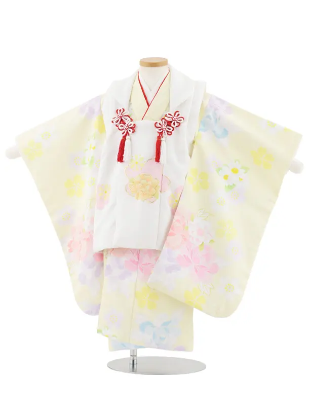 七五三レンタル(3歳女児被布)S044 白×黄 花模様