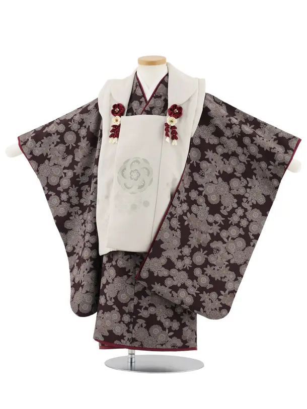 七五三レンタル(3歳女児被布)S051 ベージュ梅×ブラウン小花