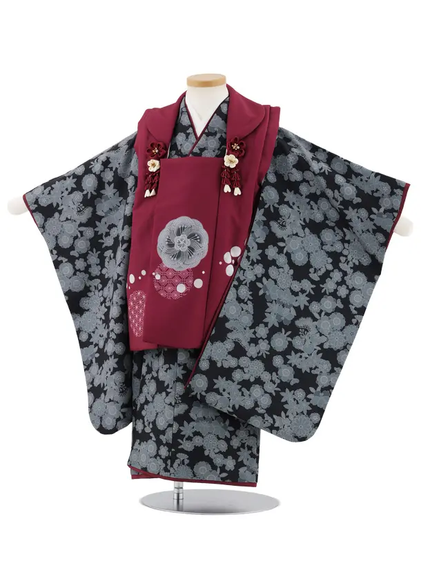 七五三レンタル(3歳女児被布)S054 ボルドー梅×グレー小花