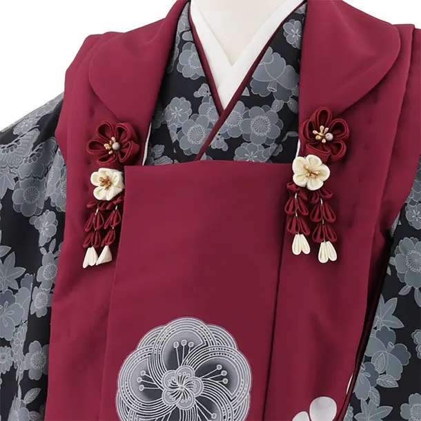 七五三　被布 七五三レンタル(3歳女児被布)S054 ボルドー梅×グレー小花 | 着物