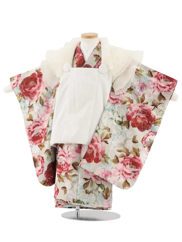 七五三レンタル(3歳女児被布)S056 オフホワイト×グレージュ 洋花