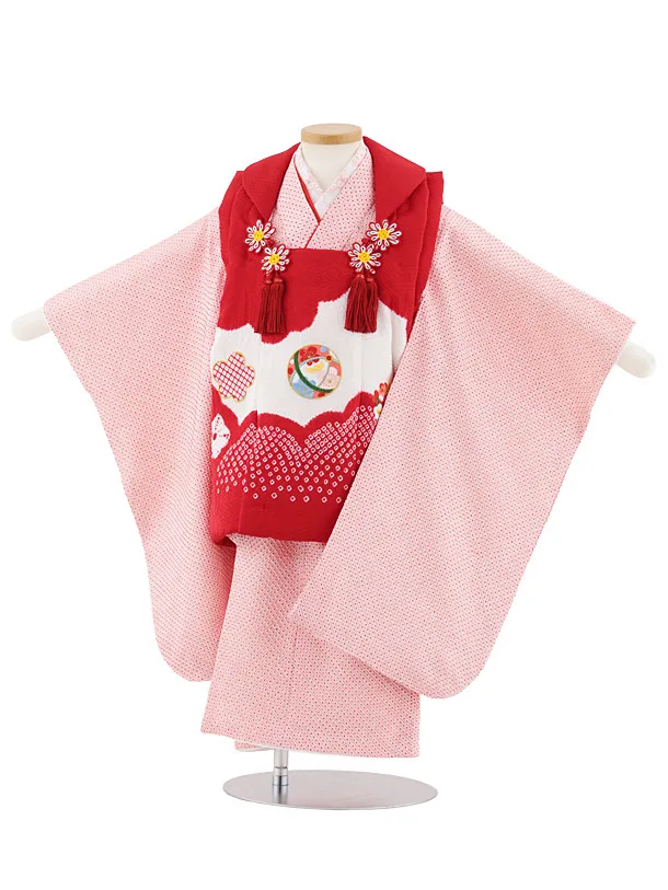 七五三レンタル(3歳女児被布)S060【正絹】赤地刺繍鞠×ピンク絞り