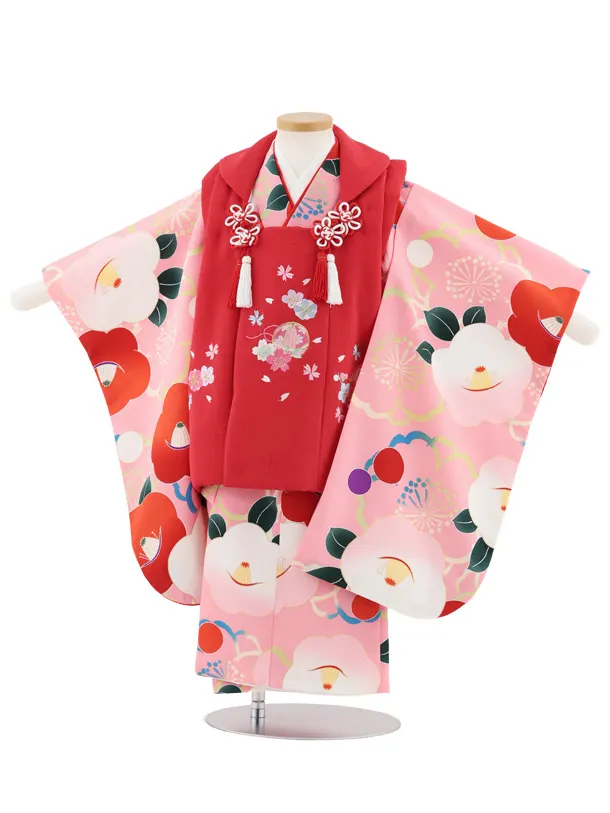 七五三レンタル(3歳女児被布)S066 赤刺繍 桜鞠×ピンク椿 | 着物