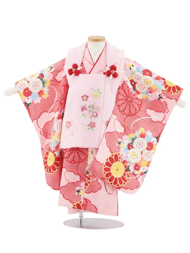 七五三レンタル(3歳女児被布)S067 ピンク刺繍 桜鞠×ピンク薬玉菊