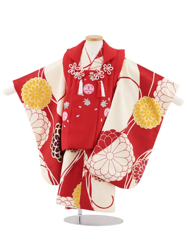 七五三レンタル(3歳女児被布)S071 赤地 刺繍 鞠桜×赤クリーム菊